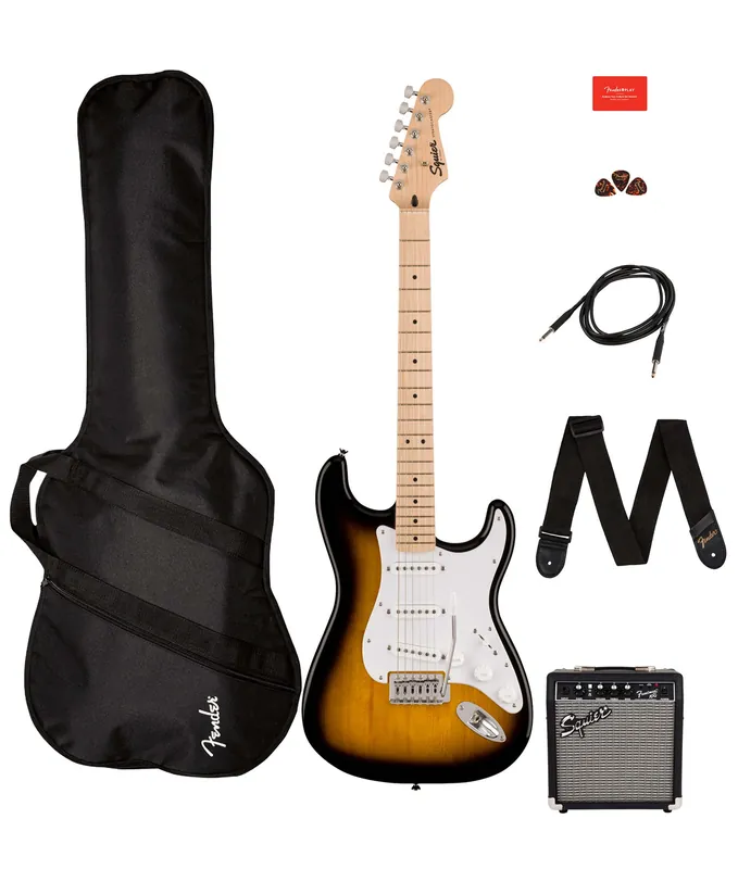 One Day Deal Squier Sonic Stratocaster Electric Guitar Pack w/ Amp and Gig Bag - 2-Color Sunburst