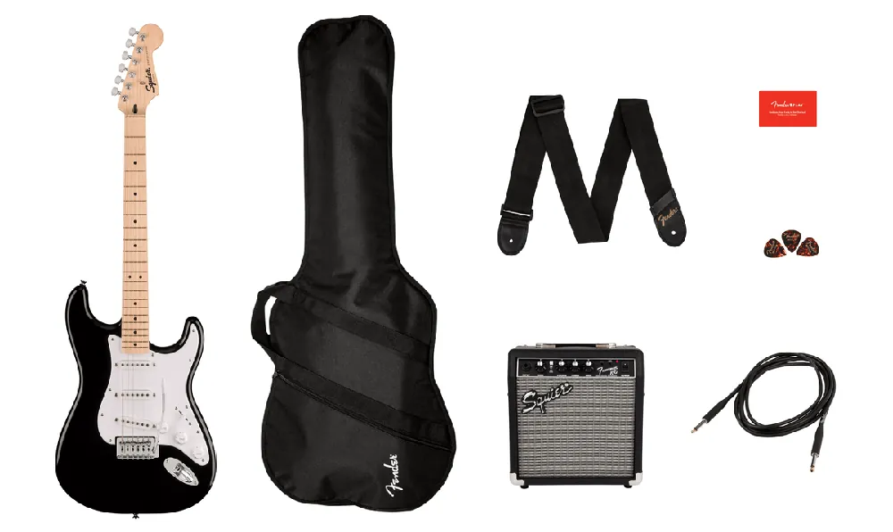 Hot Picks Squier Sonic Stratocaster Electric Guitar Pack w/ Amp and Gig Bag - Black