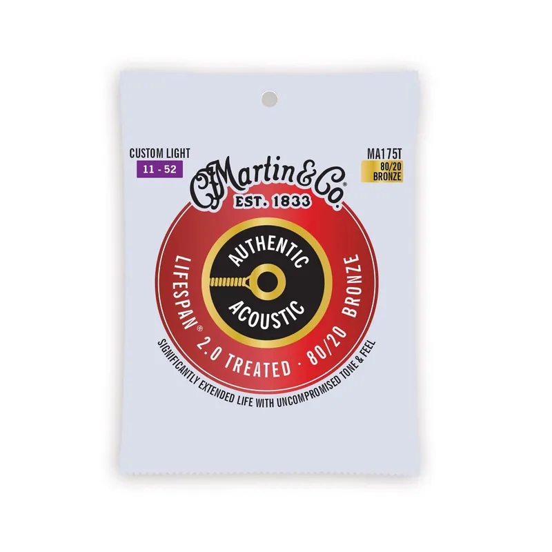 Martin - Authentic Acoustic Lifespan® 2.0 Guitar Strings 80/20 Bronze Treated Custom Light MA175T 11-52 Luxury
