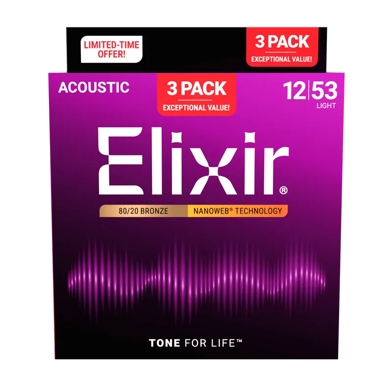 Super Sale Elixir - 3-Pack 80/20 Bronze Acoustic Guitar Strings with NANOWEB Technology- 12/53 - ACC16565 3PK 8020 Light