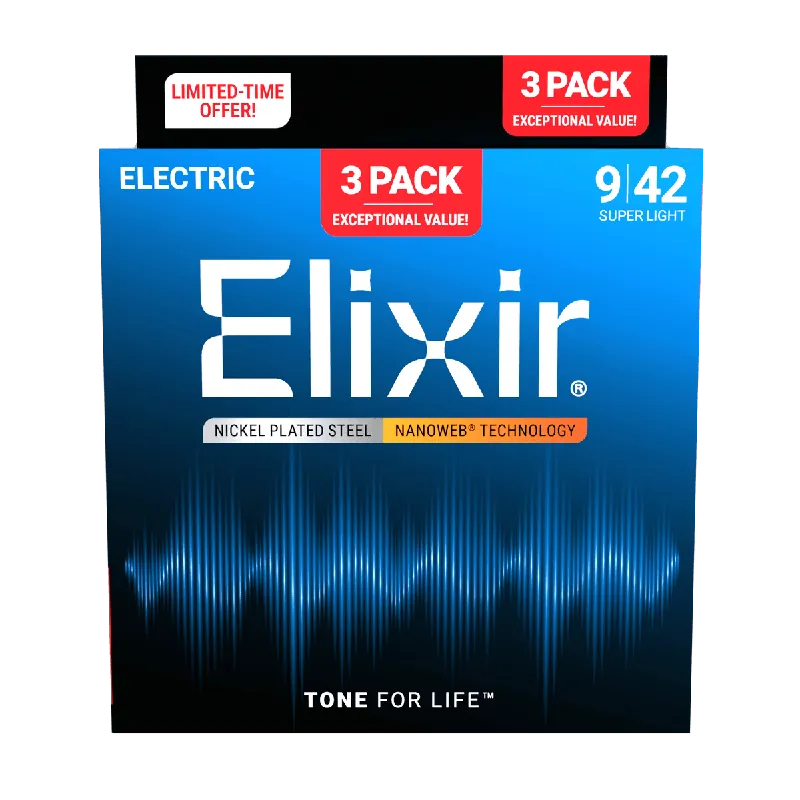 Elixir - 3-Pack Nickel-Plated Steel Electric Guitar Strings with NANOWEB Technology 9/42 - 16566 3PK Super Light Brand New