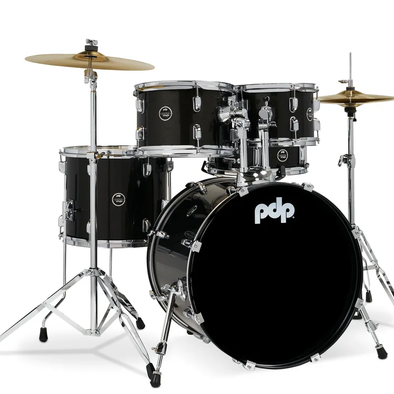 PDP - Center Stage 5-piece Drum Set with Hardware, Cymbals & Throne Iridescent Black Sparkle PDCE2015KTIB Express Delivery