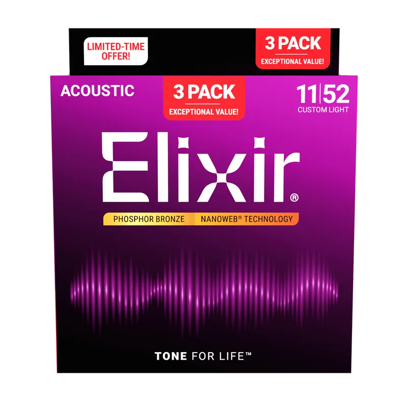 Elixir - 3-Pack Phosphor Bronze Acoustic Guitar Strings with NANOWEB Technology11-52 - ACC16568 3PK PH Custom Light Crafted