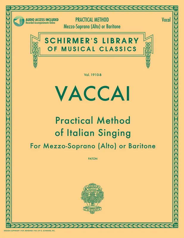 Factory Price Vaccai Practical Method of Italian Singing for Mezzo-Soprano (Alto) or Baritone - Book/Online Audio
