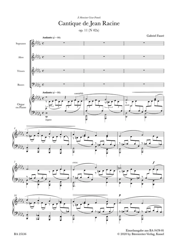 Faure Cantique de Jean Racine für vierstimmigen gemischten Chor (SATB) und Orgel oder Klavier op. 11 N 42a High Quality