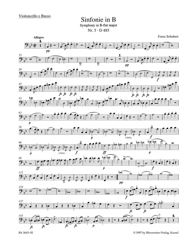 Schubert Symphony no. 5 in B-flat major D 485 Cello/Bass Part Sale
